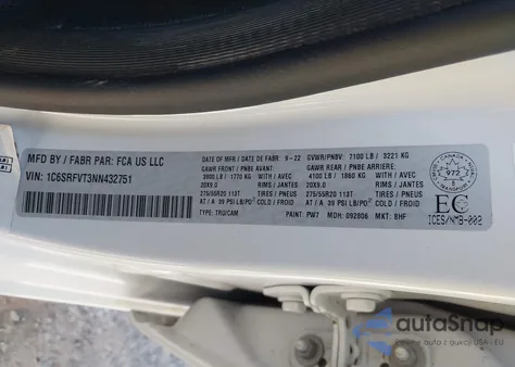 2022 Ram 1500 Sport из США, поврежденный, VIN 1C6SRFVT3NN432751